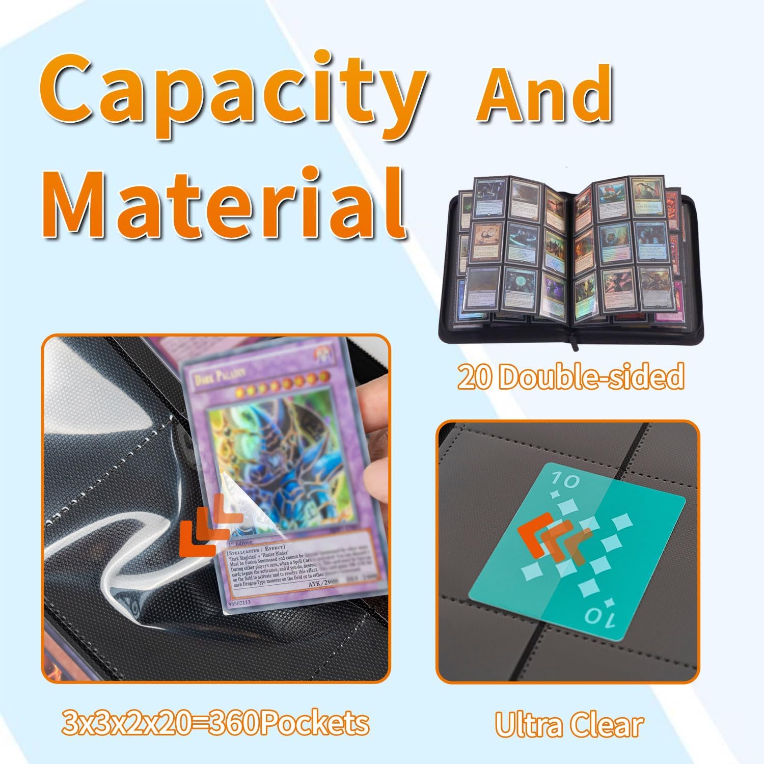 9-Pocket Black Zip Trading Card Binder/360 Cards/Premium PU Leather Exterior/Soft Suede Interior Lining/20 Side-Loading Pages/Specialized Binder for TCG Cards,Sports Cards,Game Cards and Gift Cards