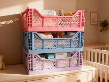 Collapsible Storage Box, Foldable Crate Organizer Bin with Handle, Stackable Crates for Home Organization (Blue-Purple-Pink, 14L - 3 Pack)