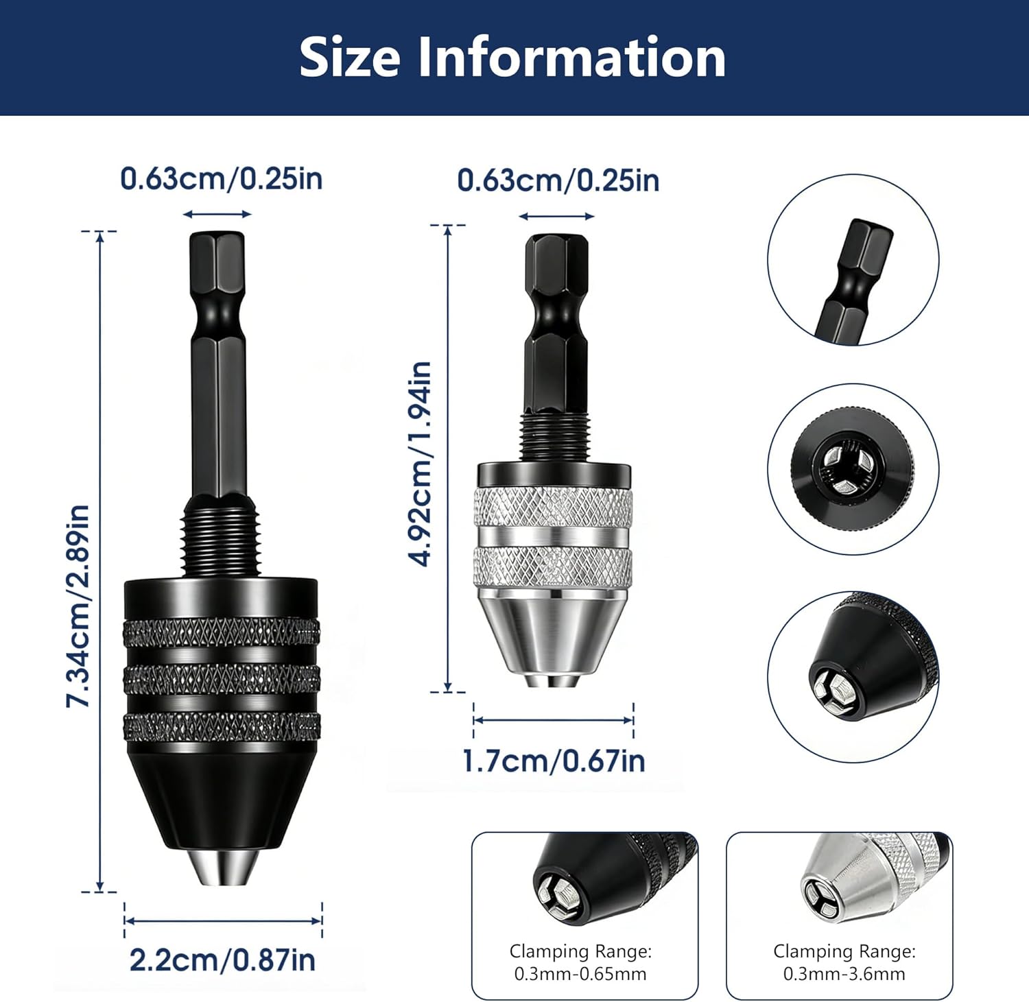 2 Pack Keyless Drill Chuck Adapter – 1/4" Hex Shank Quick Change, Heavy Duty Drill Bit Converter for Impact Driver & Power Tools, 2 Sizes: 0.3-6.5mm & 0.3-3.6mm