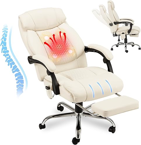HOMREST Silla de oficina de masaje de 4 puntos, sillas ejecutivas de calefacción con reposapiés, silla de oficina de cuero reclinable con