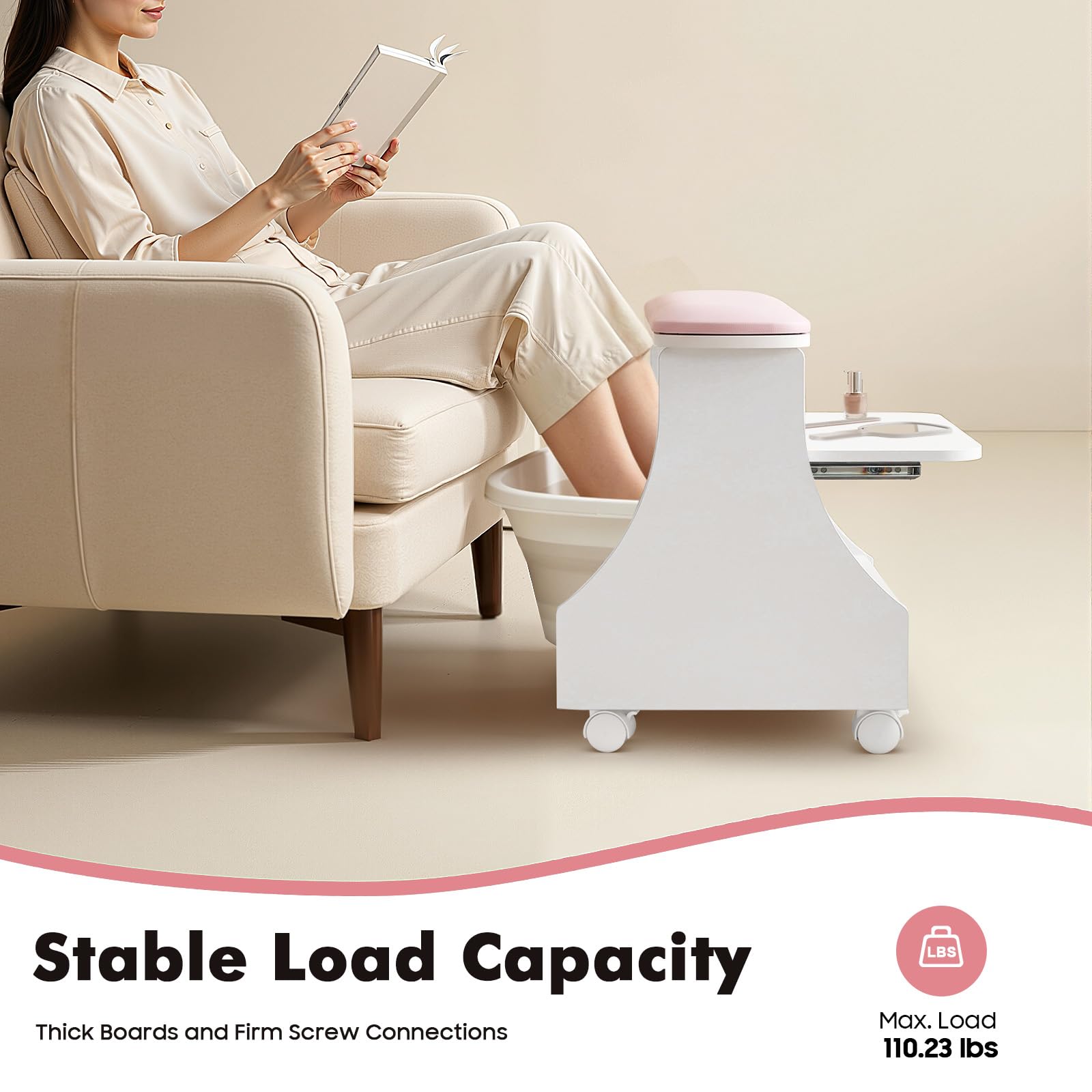 Repose-pieds pour pédicure manucure avec roues, tabouret de bain de pieds mobile, chariot de salon de beauté