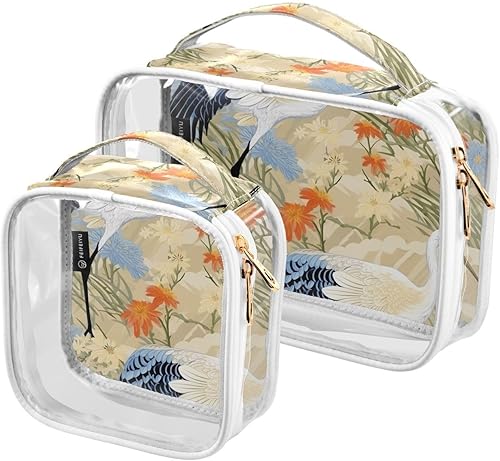 Cranes Flowers Clear Toiletry Bag for Traveling,2 Pack Makeup Cosmetic Bag with Zipper,Travel Bag for Toiletries,Travel Essentials 21215328