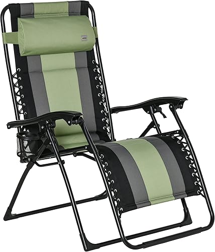 Outsunny Silla reclinable XL de gravedad cero de gran tamaño, silla tumbona acolchada para patio, silla plegable con respaldo ajustable, portavasos