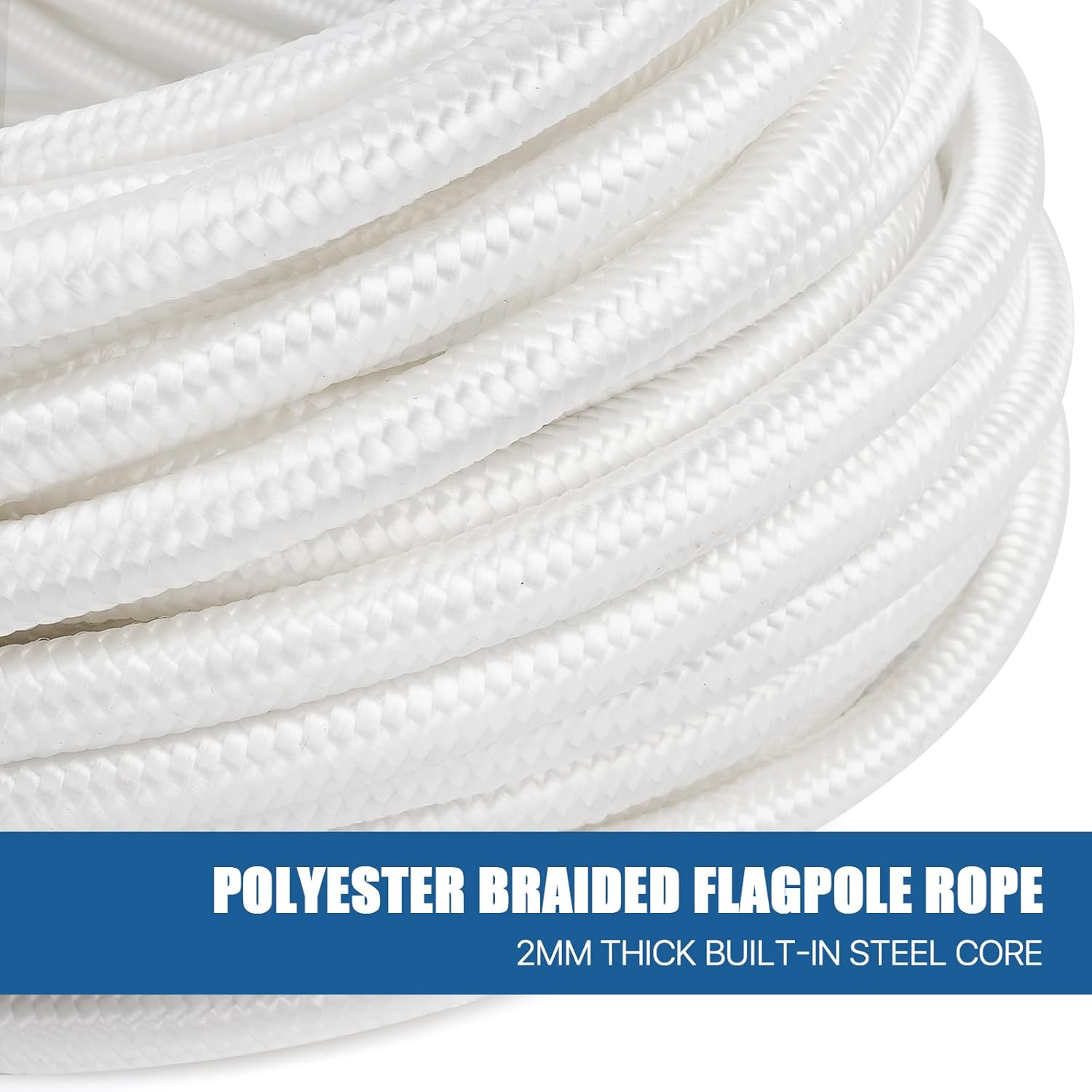5/16 Inch Wire Center Flagpole Rope, 100 ft High Weight Polyester Flagpole Halyard Rope with Snap Hooks, Solid Braided Flag Line with Steel Center