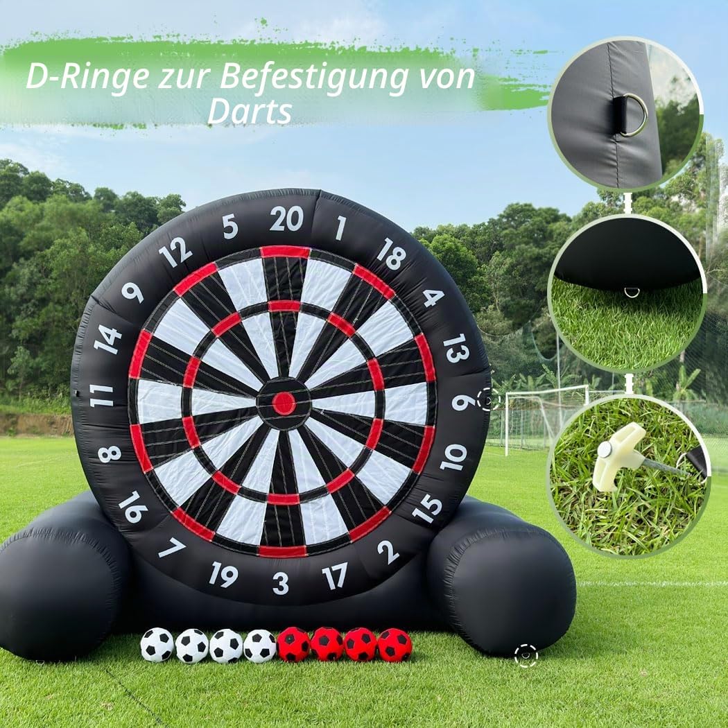 Riesige aufblasbare Fußball-Dartscheibe für den Außenbereich, mit 8 Fußballbällen und 350-W-Gebläse und Stützrahmen für Kick-Dartscheibe, Sportspiel (3 m hoch, schwarz)