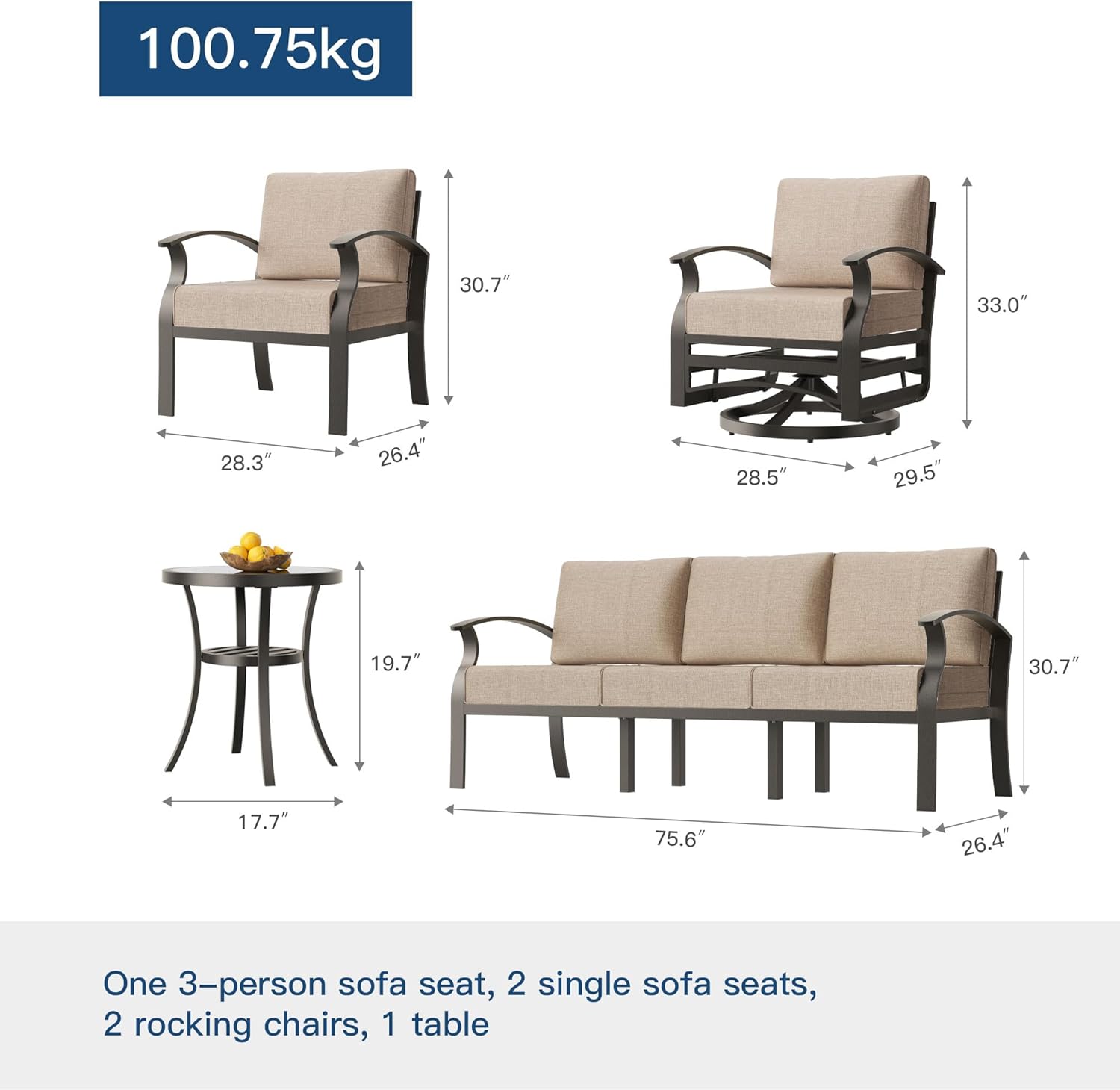 Kullavik Aluminum Patio Furniture Set,6 Pieces 7 Seat Sectional Metal Outdoor Furniture Conversation Set w/5.1" Cushions,Swivel Rocking Chairs Set,Sand