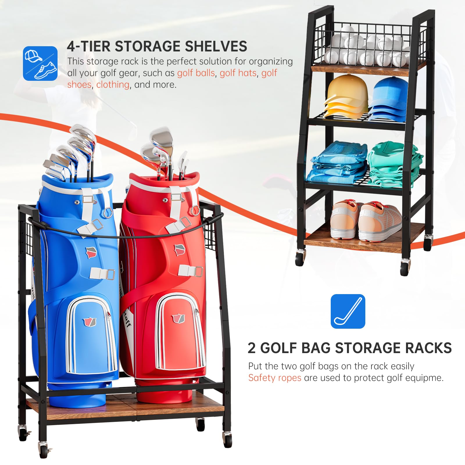 Support de Rangement pour Clubs de Golf avec roulettes, Organisateur Robuste pour Sacs de Golf, Grand Support pour Équipements de Golf, Meuble de Rangement pour Maison et Garage