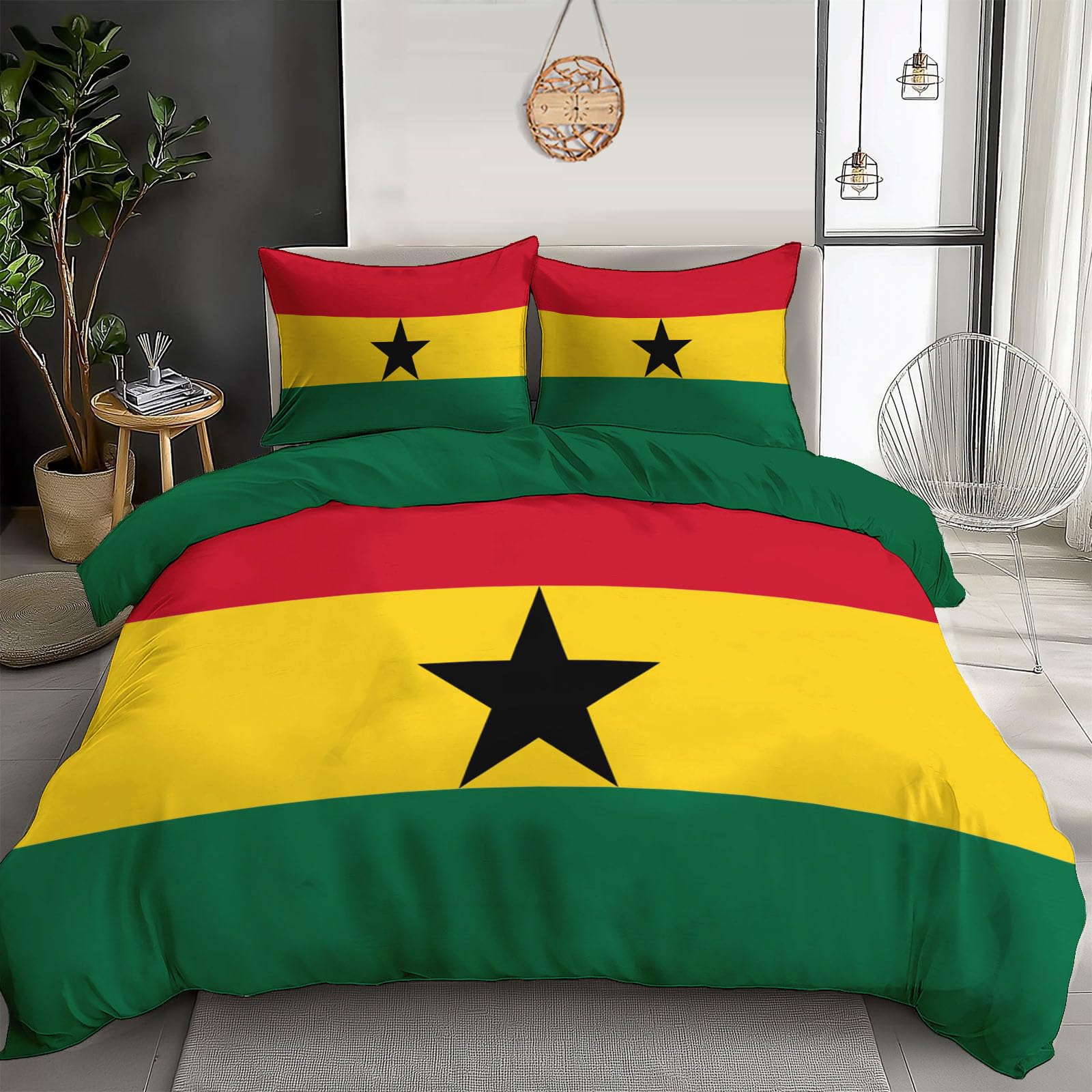 GSAEIMCT Ghana Flag Duvet Cover Set 3 Piece Bedding Set Botanical Print Pattern Soft Comforter Cover With Pillowcases All Season Quilt Cover With Zipper(Yellow Black,200X200Cm)