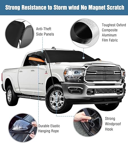 Vista 17 de YeewayVeh Cubierta para parabrisas de camión para hielo y nieve, cubierta gruesa de tela Oxford 650D, cubierta protectora de escarcha con espejo