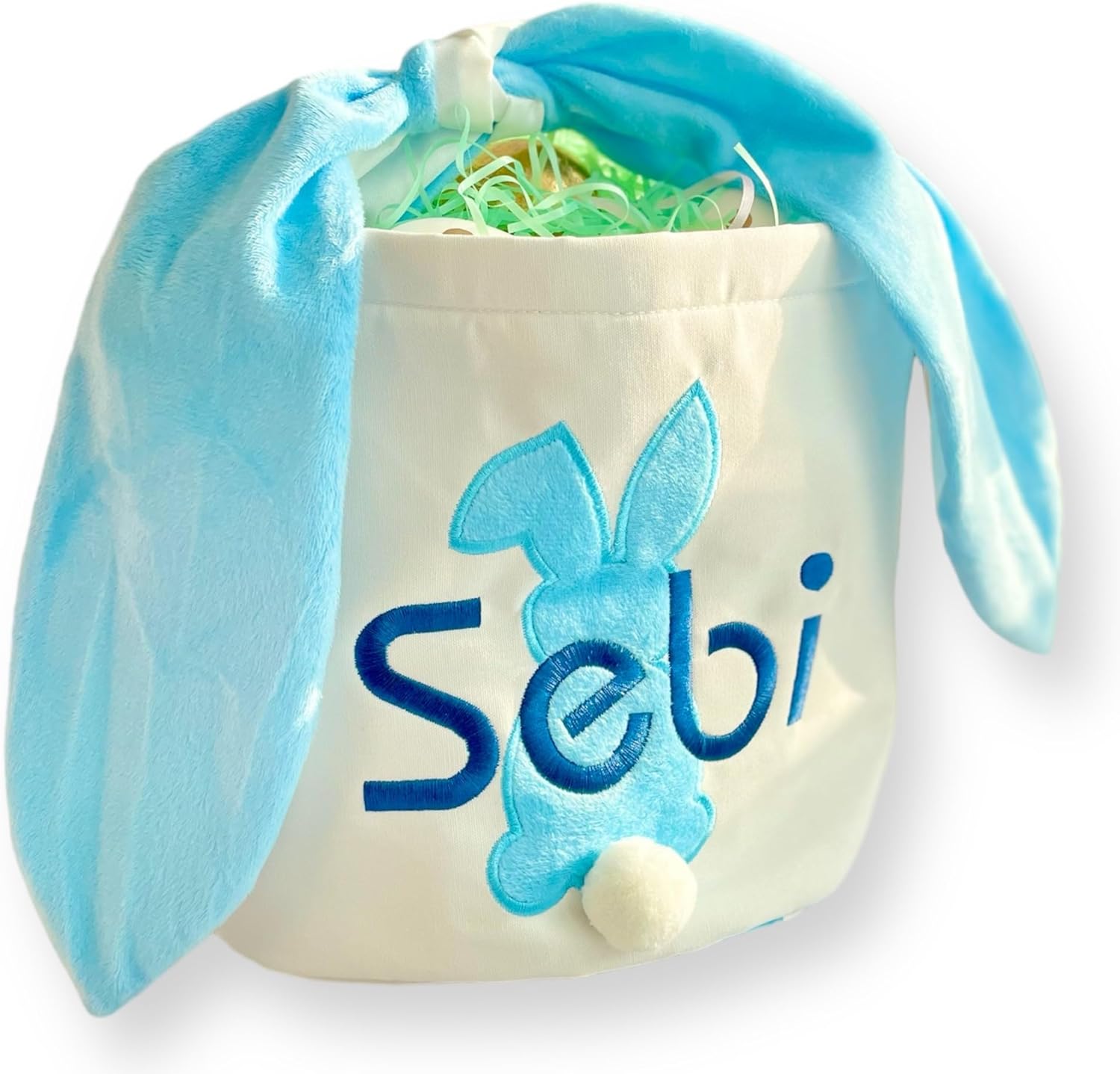 Generic Personalized Embroidered Easter Basket with Name, Custom Easter Baskets for Girls Boys, Egg Hunt Bag, Rabbit Toys Bucket Tote Organizing Toys Basket (White and Blue - Name on The Bunny)