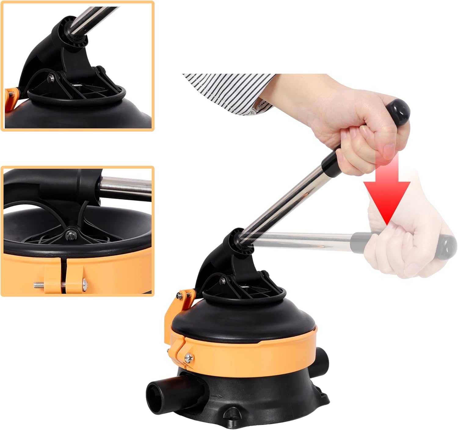 Hand Water Pump with Stainless Steel Lever - Manual Water Pump for Well, Camping, Boat, Emergency - Portable Hand Pump with Hose Connection for Gardens, Ponds, Kayaks, RV, Marine Use, Black-Orange