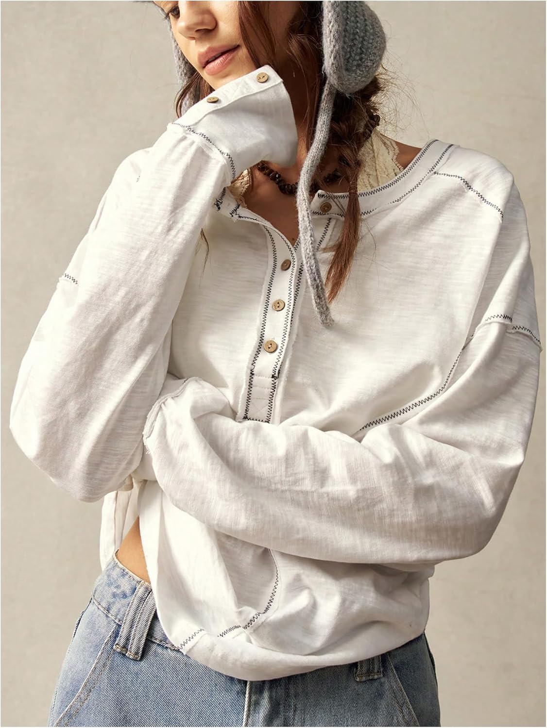 SHENHE Women's Oversized Sweatshirt Long Sleeve Button Up Henley Neck Tunic Top Pullover - Image 3