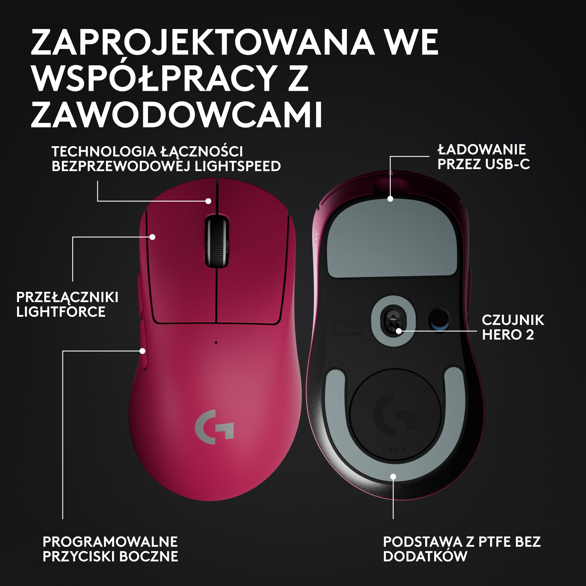 Bezprzewodowa mysz do gier Logitech G PRO X SUPERLIGHT 2 DEX LIGHTSPEED, lekka mysz klasy profesjonalnej o wadze 60 g, z 5 programowalnymi przyciskami, ładowaniem przez USB-C