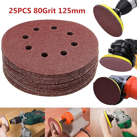 25Pcs Emery Paper Sanding Disc 125mm 5" 80Grits 8Holes Round Sanding