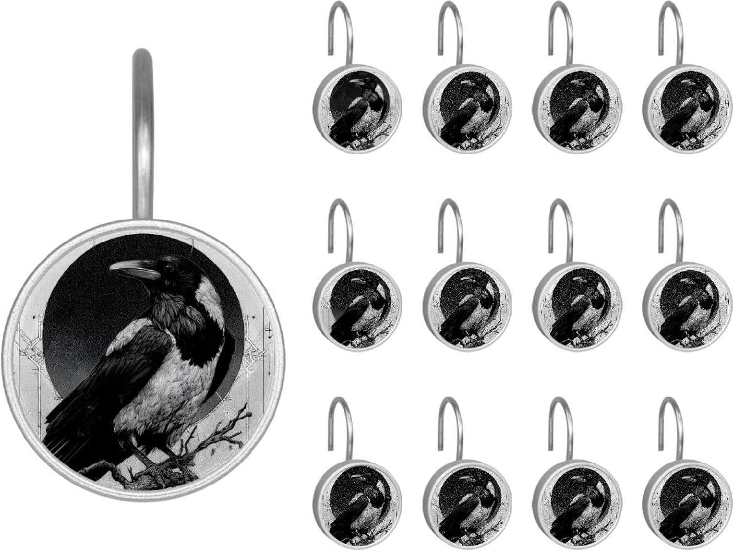 Set of 12 Crow (8) Shower Curtain Hooks, Stainless Steel Rust-Resistant Decorative Hanger Rings