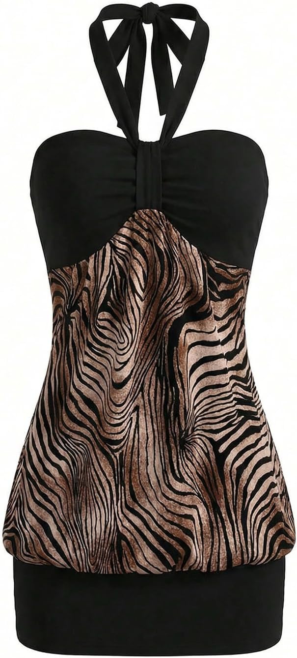 Floerns Women's Y2k Zebra Striped Halter Mini Dress Sleeveless Club Going Out Dresses