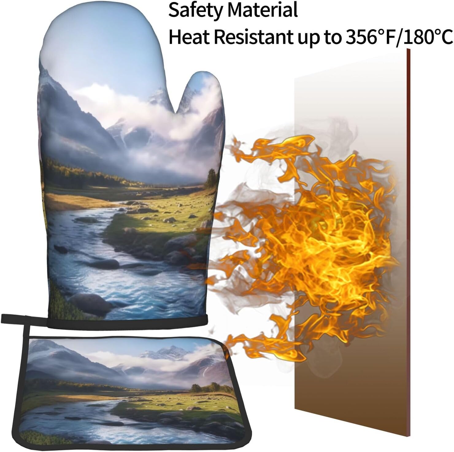 Travel Mountain Scenery:Full Width Printing Kitchen Baking Two-Piece Set, A Must-Have Tool Set for Novice Home Cake Makers, Suitable for Both Left and Right Hands, Anti Slip and High Temperature image 4