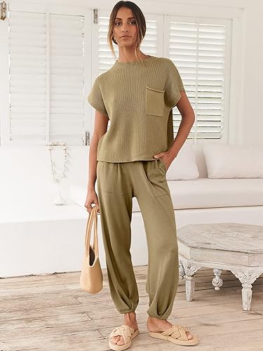 Vista 2 de ANRABESS - Conjunto de dos piezas para mujer, suéter de punto con chaleco, top corto y pantalones de ocio, conjunto de sudadera deportiva a juego