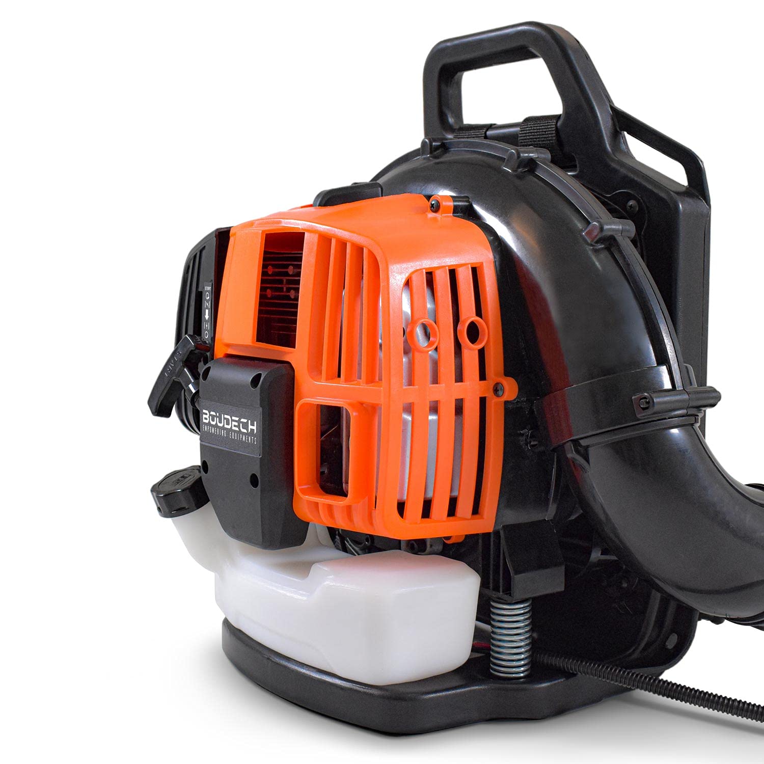 BOUDECH Soffiatore a Zaino 2 Tempi 52cc 1.5Kw Semi-Professionale con schienale ergonomico con tracolle imbottite e molle antivibranti Max-Comfort e velocità di soffiaggio foglie fino a 280Km/h