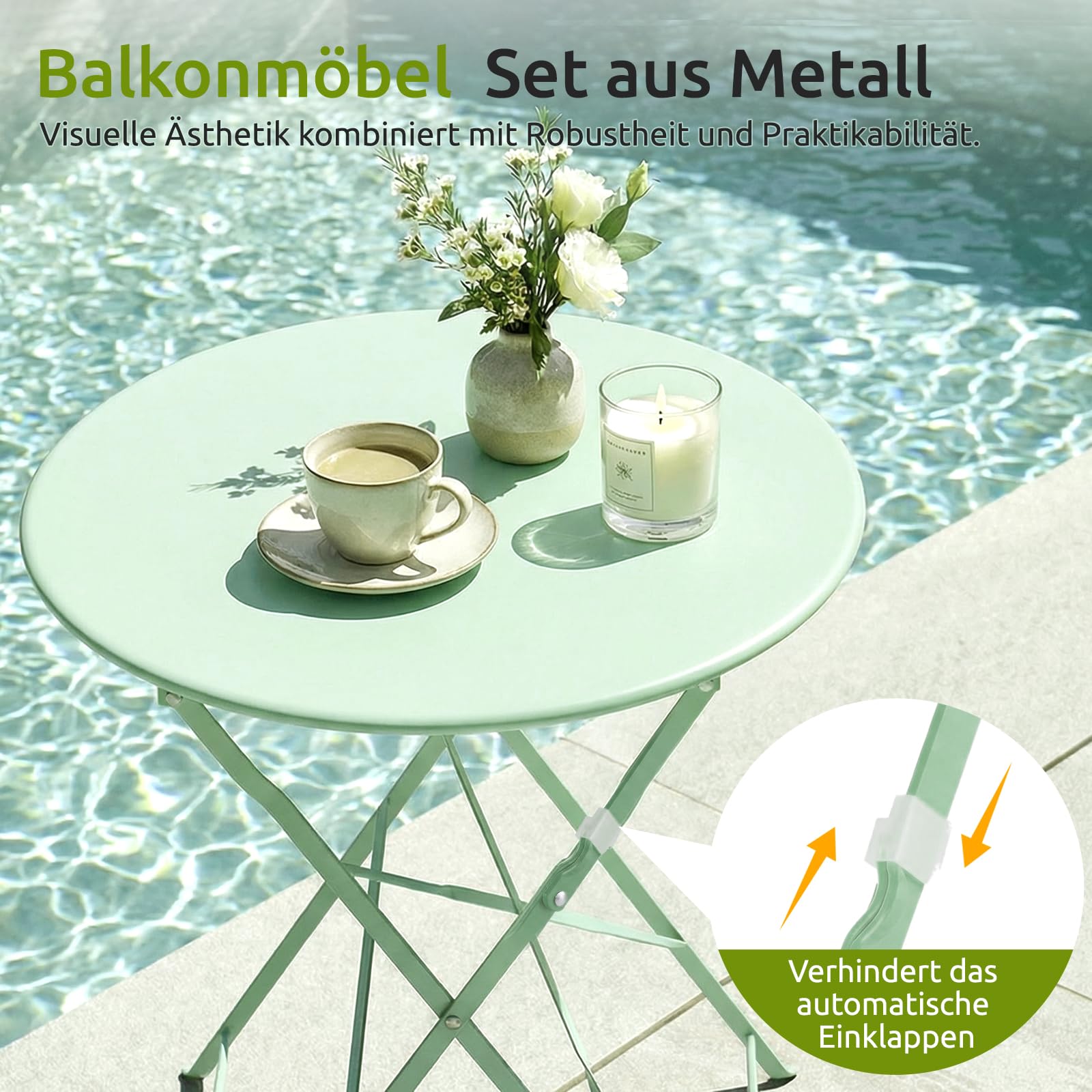 Clevich Bistro Set Balkon Metall, Balkonmöbel Set 3 teilig, Bistrotisch mit 2 Stühlen, Gartenmöbel-Set Outdoor Sitzgruppe, Faltbar und Wetterfest, für Gärten, Terrassen, Grün
