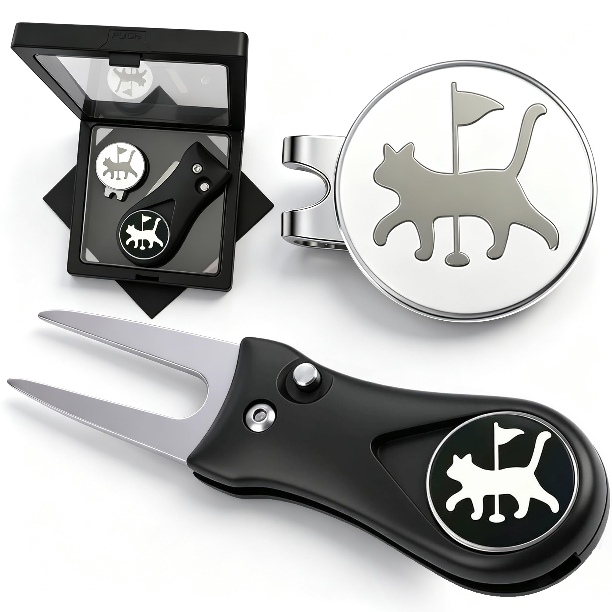Adhere Golf Ball Markers Personlized Double Side Cute cat Logo Enamel with A Magnetic Hat Clips,A Premium Golf Gifts. (Cute Walking cat Ball Markers & Divot Tool Gift Set)