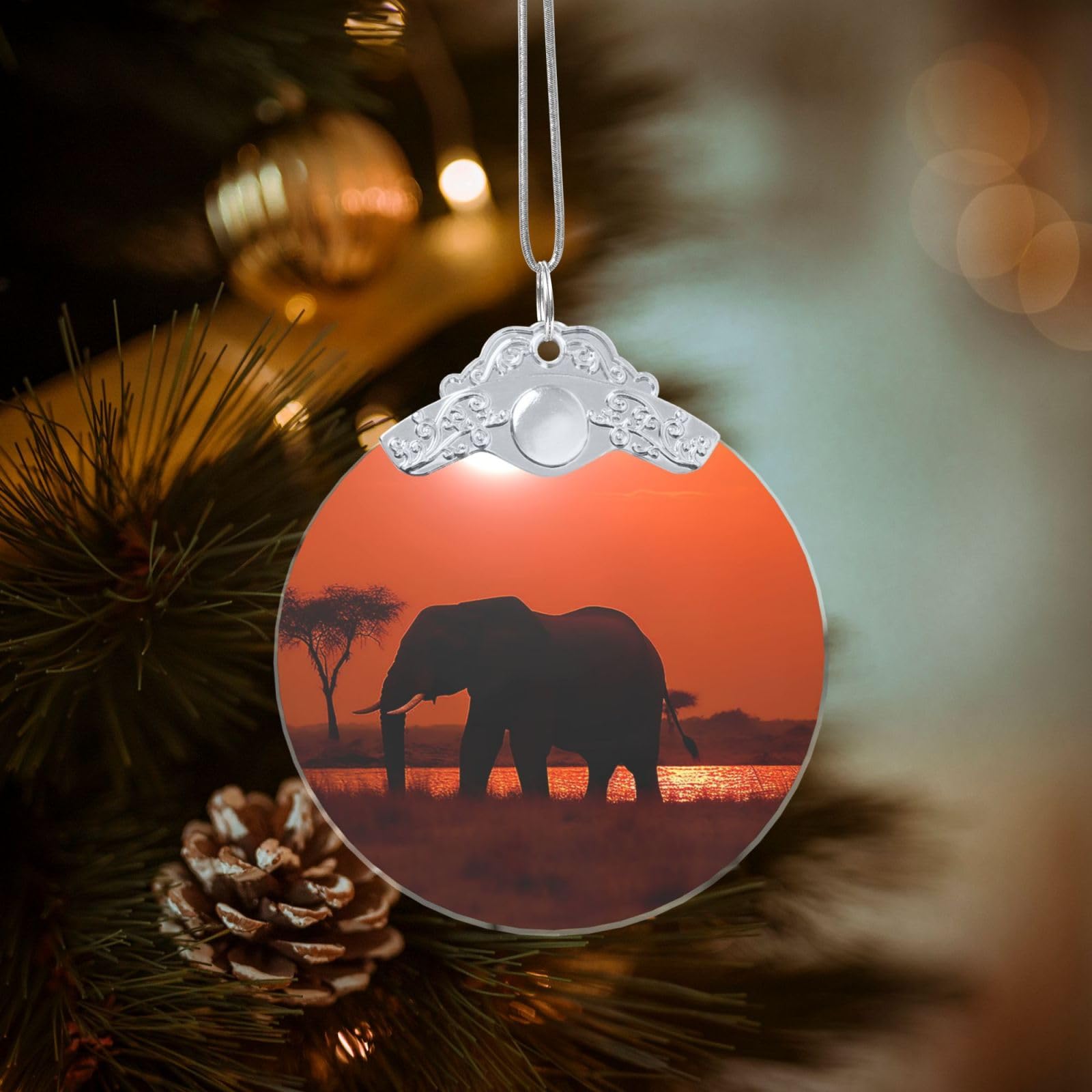 Crystal Christmas Ornaments for Christmas Tree Decoration Hanging Sunset African Elephant Ornament with Gold Ribbon Crafts Round Pendant for Keepsake Gifts Glass Xmas Decor Party Supplies