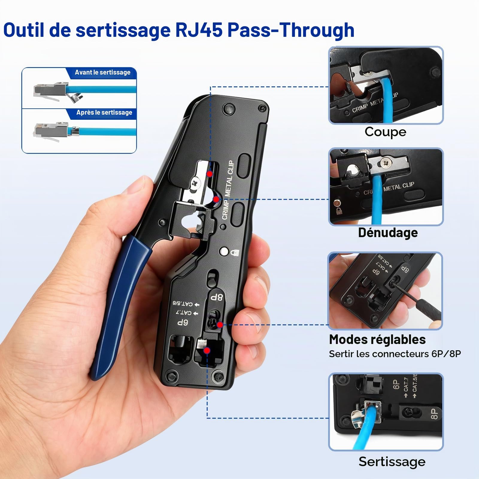 Kit Pince à Sertir RJ45 Professionnel,Connecteurs Pass-Through Cat7/Cat6a | Pince à sertir professionnelle avec testeur, dénudeur et connecteurs. Robuste et durable pour usage domestique et bureau.