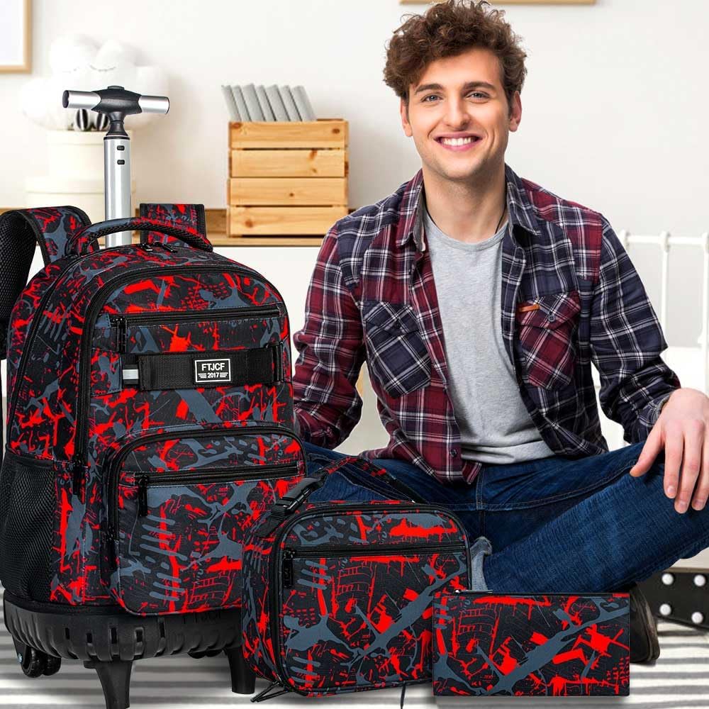 3Pcs Rolling Backpack for Boys, 19 Inche Adults Roller Bag with Wheels, Graffiti Wheeled Bookbag Set for Men(Red) - Image 7
