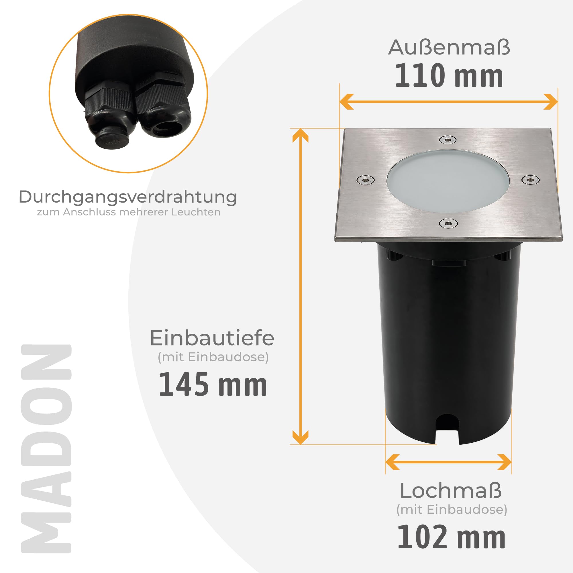 SSC-LUXon 3 Stück MADON LED Bodeneinbaustrahler Aussen eckig IP67 - mit 3x LED GU10 3W neutralweiß - Bodenstrahler Spot 230V befahrbar
