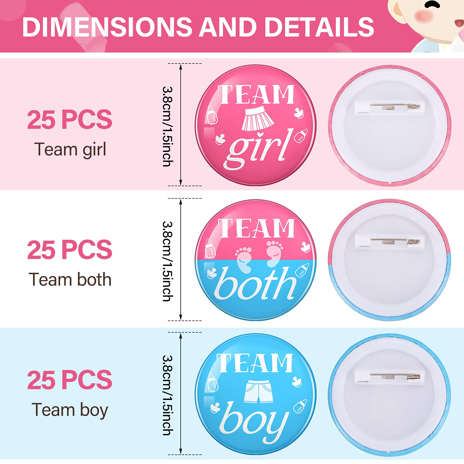 Hicarer 75 Pezzi Perni Rivelazione del Genere Spille Bottoni 1,5 Pollici Baby Shower Rosa Blu