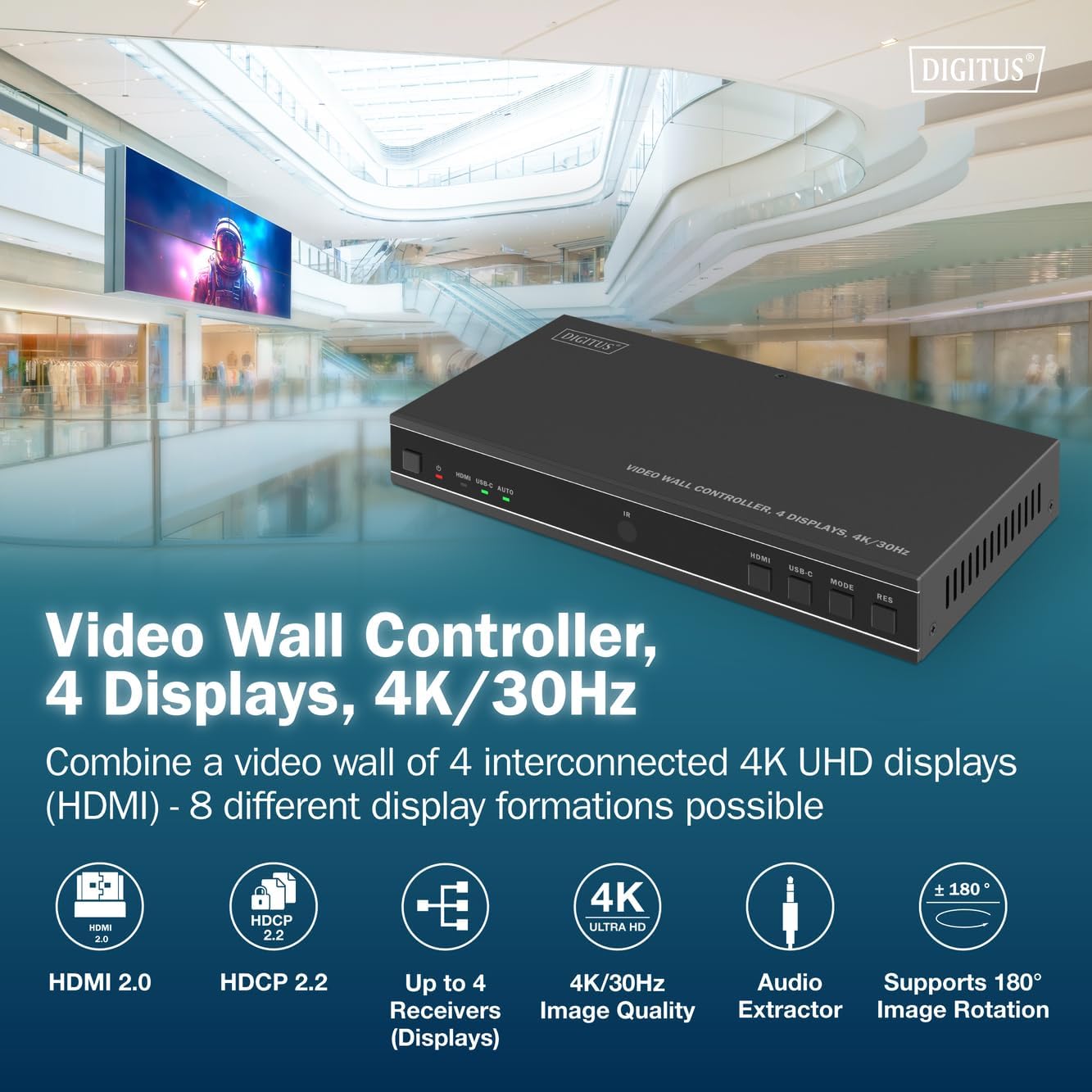 DIGITUS DS-55358 – HDMI video wall controller – Input signal UHD 4k 60Hz via HDMI 2.0 or USB-C – Output 4k 30Hz – Remote control included – Display modes 1x1, 2x1, 3x1, 4x1, 1x2, 1x3, 1x4, 2x2