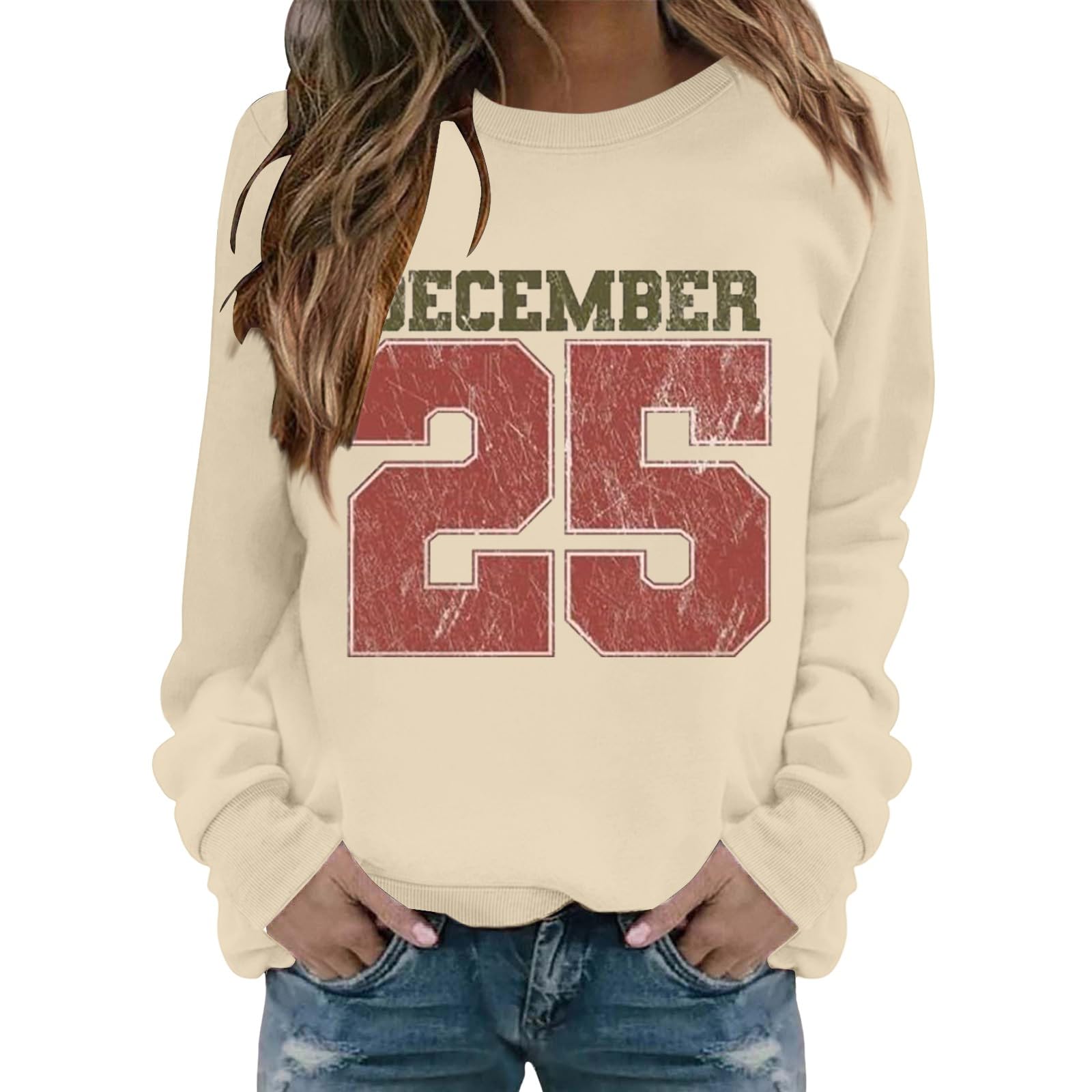 Womens Vintage Christmas Sweatshirt December 25 Sweater Plus Size Holiday Retro Pullovers Long Sleeve Xmas Shirt 2025