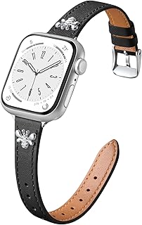 CeMiKa Bracelets Cuir Etroit Compatible avec Bracelet Apple Watch 38mm 40mm 41mm, Bracelet Cuir Fin avec Charme pour Apple Watch Series 11 10 9 8 7 6 5 4 3 SE3 SE, Femmes Hommes, Noir/Argent Abeille