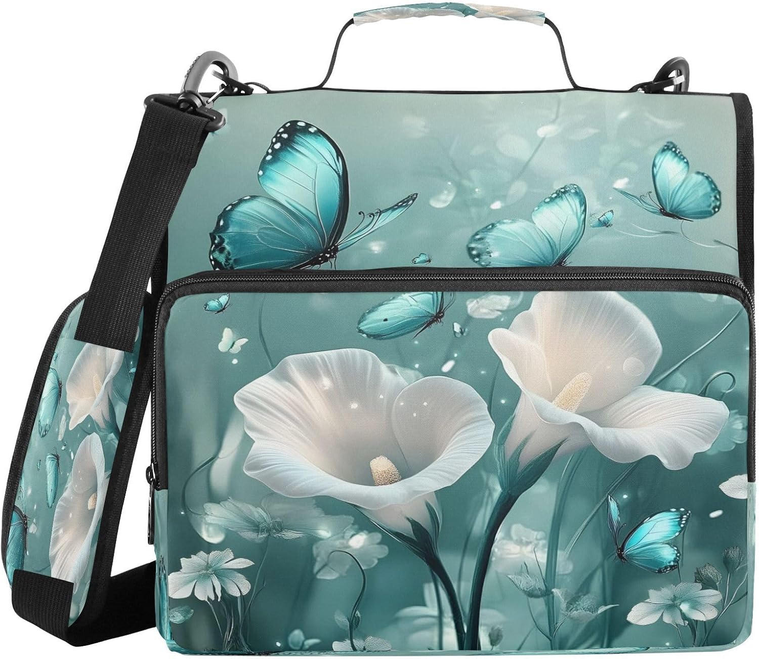 3 Ring Zipper Binder Spring Flowers Floral Teal Butterfly Binders Bag with Shoulder Strap 500 Sheets Paper Organizer Trapper Keeper Documents Storage File Folder for School Office
