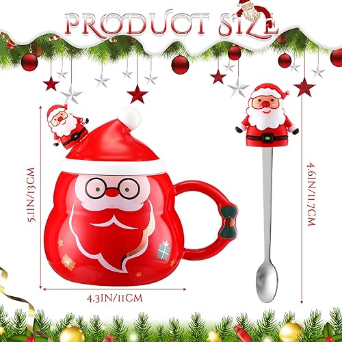 Miniatura 2 de Yaomiao 4 tazas de Navidad con tapa y cuchara de sombrero de Papá Noel, taza de café de cerámica de 16 onzas, bonita taza de café de Navidad