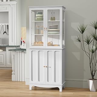 ARTPOWER 72" White Freestanding Kitchen Pantry Cabinet with Glass Doors & Adjustable Shelves - Tall Sideboard for Kitchen, Dining Room