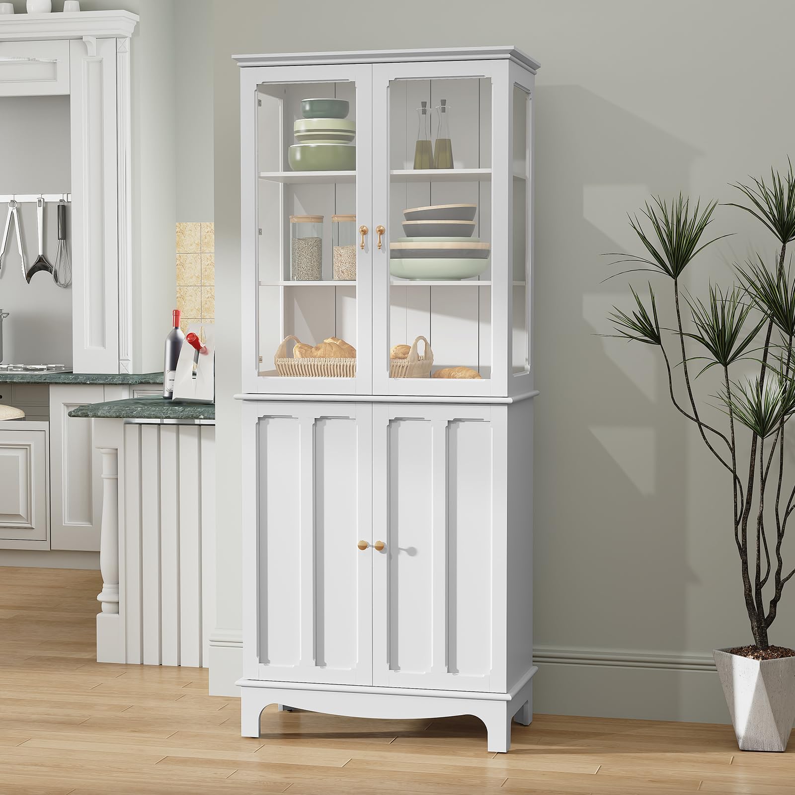 ARTPOWER 72" Freestanding Kitchen Pantry Storage Sideboard, Classical Tall Cabinet with Glass Door and Adjustable Shelves for Kitchen, Livingroom and Dining Room, White