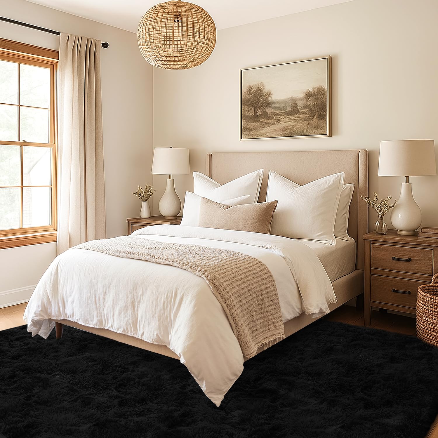 Hochflor Wohnzimmer Teppich, Flauschig Waschbar rutschfest Moderne Teppiche Groß für Schlafzimmer Büro Esszimmer Kinderzimmer Spielzimmer, 160x230 cm, Schwarz