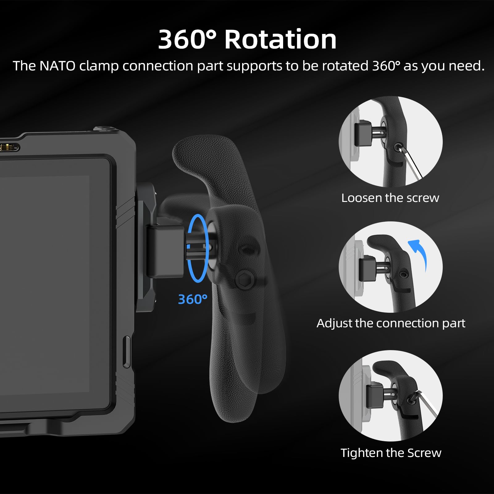 Nitze Poignée Latérale Kit avec NATO Pince, Side Handle Kit Rotative à 360° pour Gauchers et Droitiers, Compatible avec Cage pour Smartphone, iPad et Moniteur - PA32C