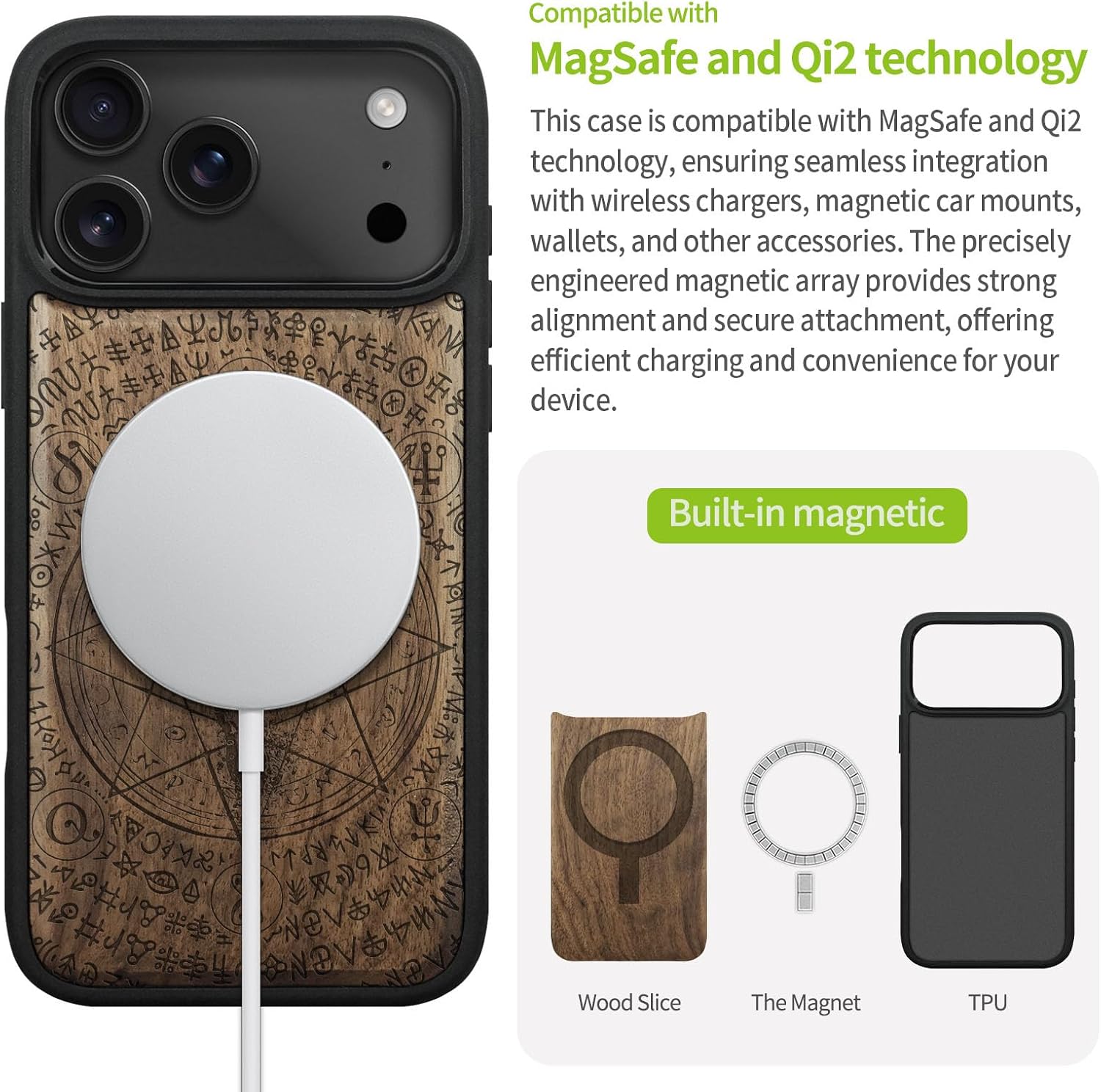 Carveit Magnetic Wooden Case for iPhone 17 Pro Max Case, Wood Artisan Engraved & Black Soft TPU Shockproof Cover, Compatible with MagSafe Wireless Chargers (Goat Skull and Pentagram) Walnut