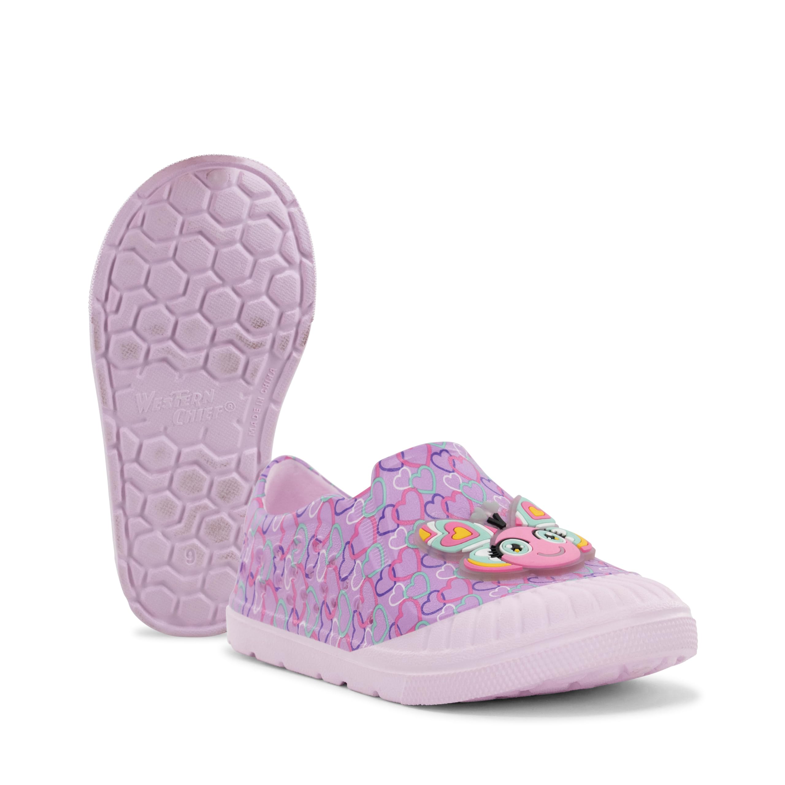 Western Chief Kids Parker Slip-Ons – Water-Friendly EVA Shoes with 3D Accents, Molded Footbed and Slip-Resistant Outsole Perfect for Active Boys and Girls, Butterfly, 9