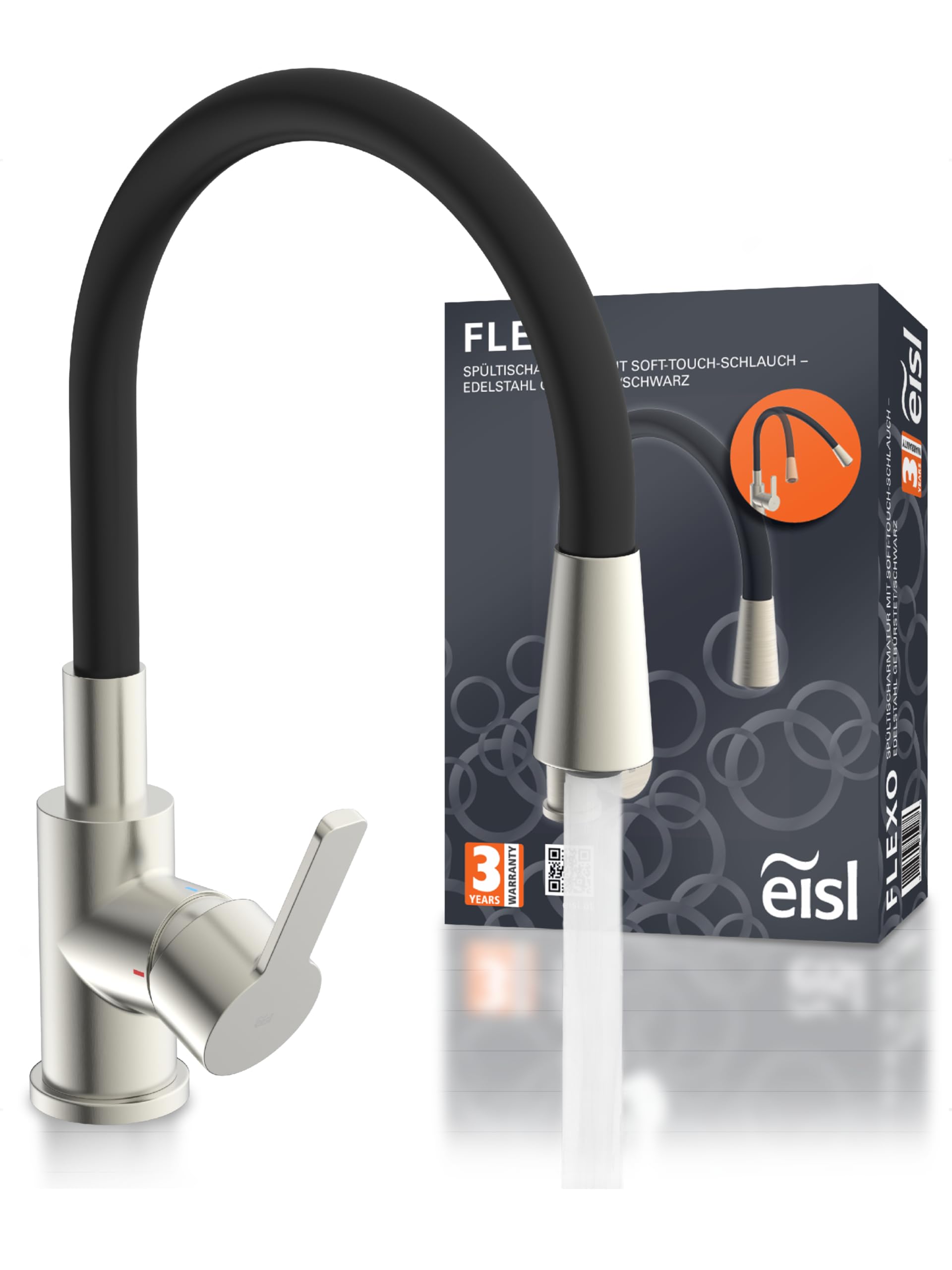 EISL Flexo NI186FLNIBU - Rubinetto flessibile per lavello da cucina, beccuccio alto con tubo soft touch, girevole a 360 gradi, rubinetto da cucina flessibile