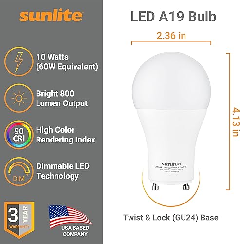 Miniatura 2 de Sunlite Bombilla LED A19 40259, 10 vatios (equivalente a 60 W), 800 lúmenes, base GU24 Twist and Lock, regulable, 90 CRI, certificación UL, Energy