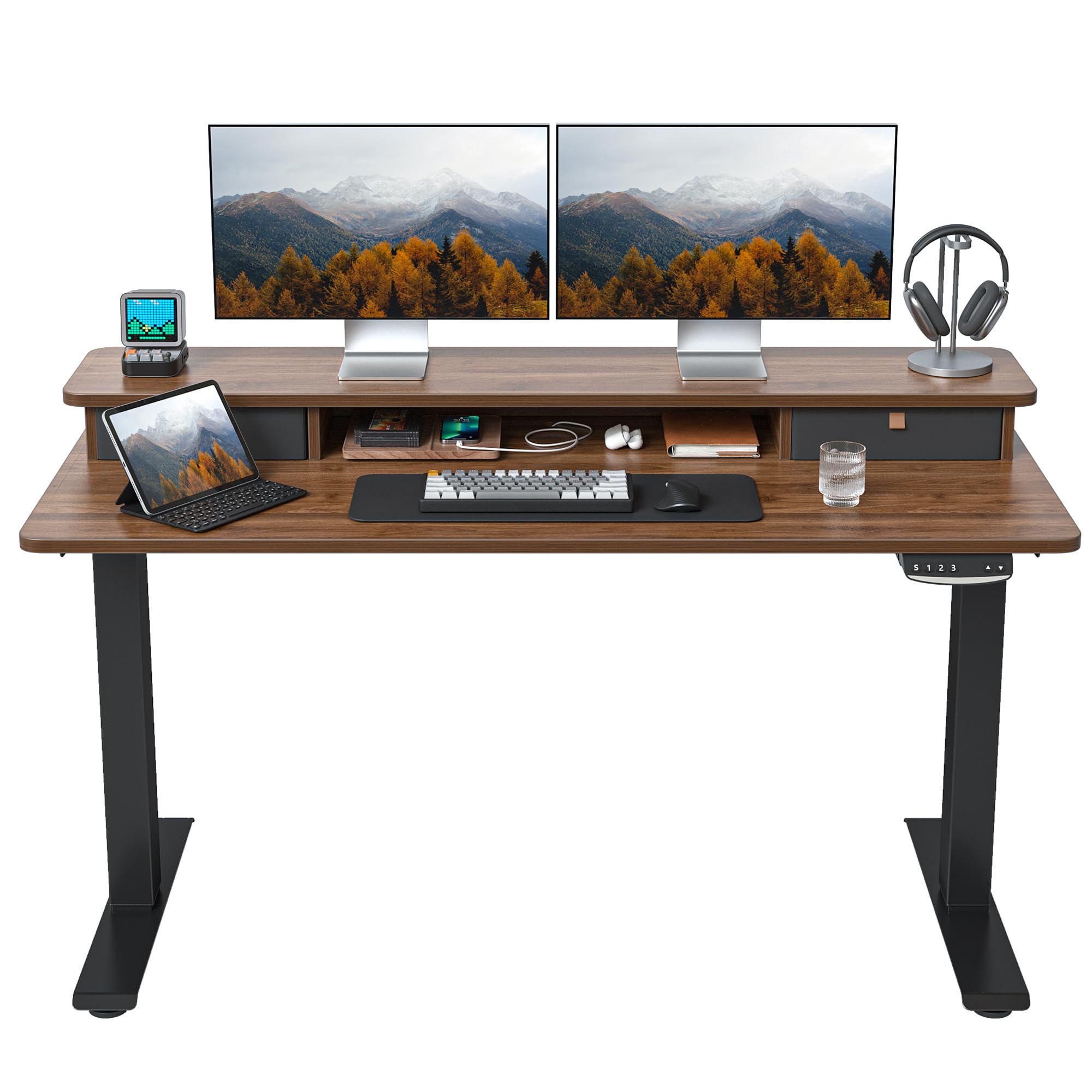 FEZIBO 55 x 24 Inch Height Adjustable Electric Standing Desk with Double Drawer, Stand Up Desk with Storage Shelf, Sit Stand Desk, Blcak Walnut