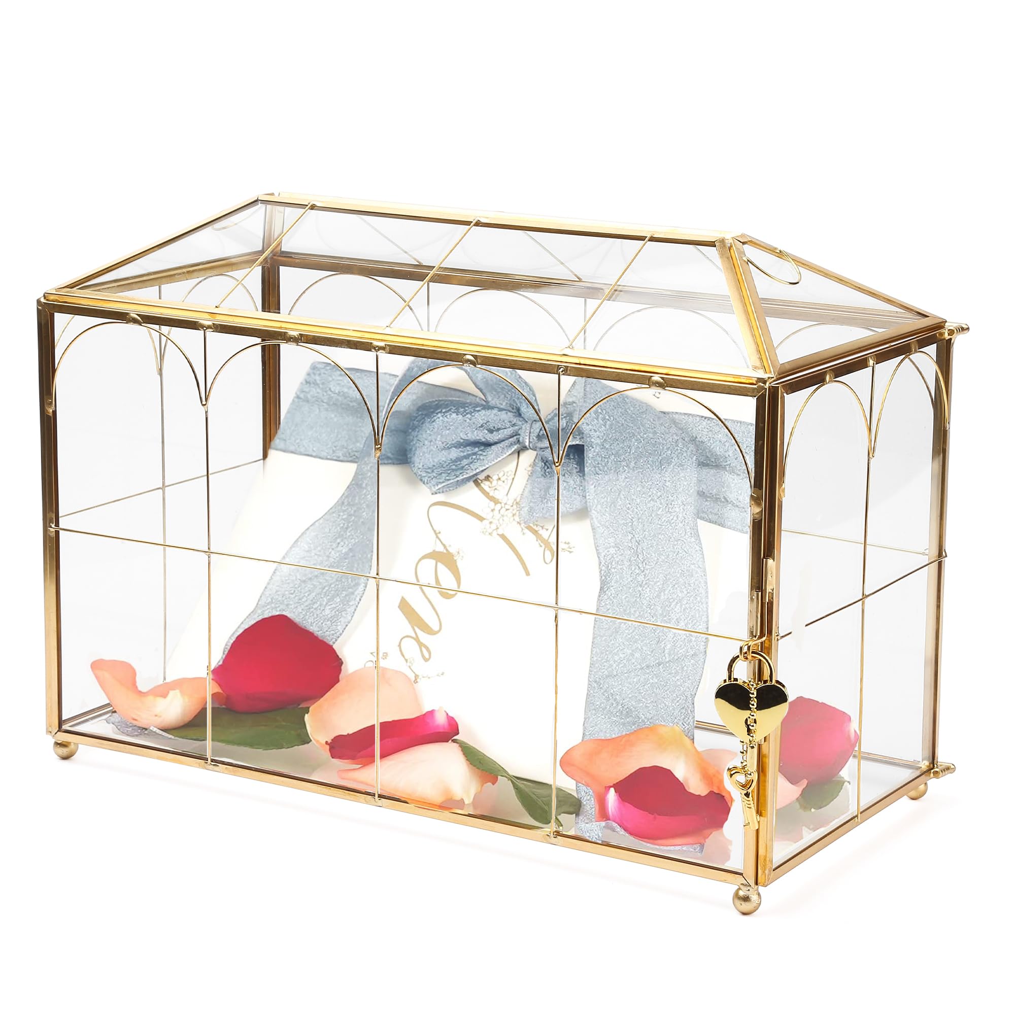 32 cm Glas-Kartenbox Hochzeitskartenbox mit Schloss für Hochzeitsempfang Kosmetik Wohnkultur, handgefertigtes großes geometrisches Terrarium mit Scharnierdeckel, Messingrahmen – (Golden/Haus)