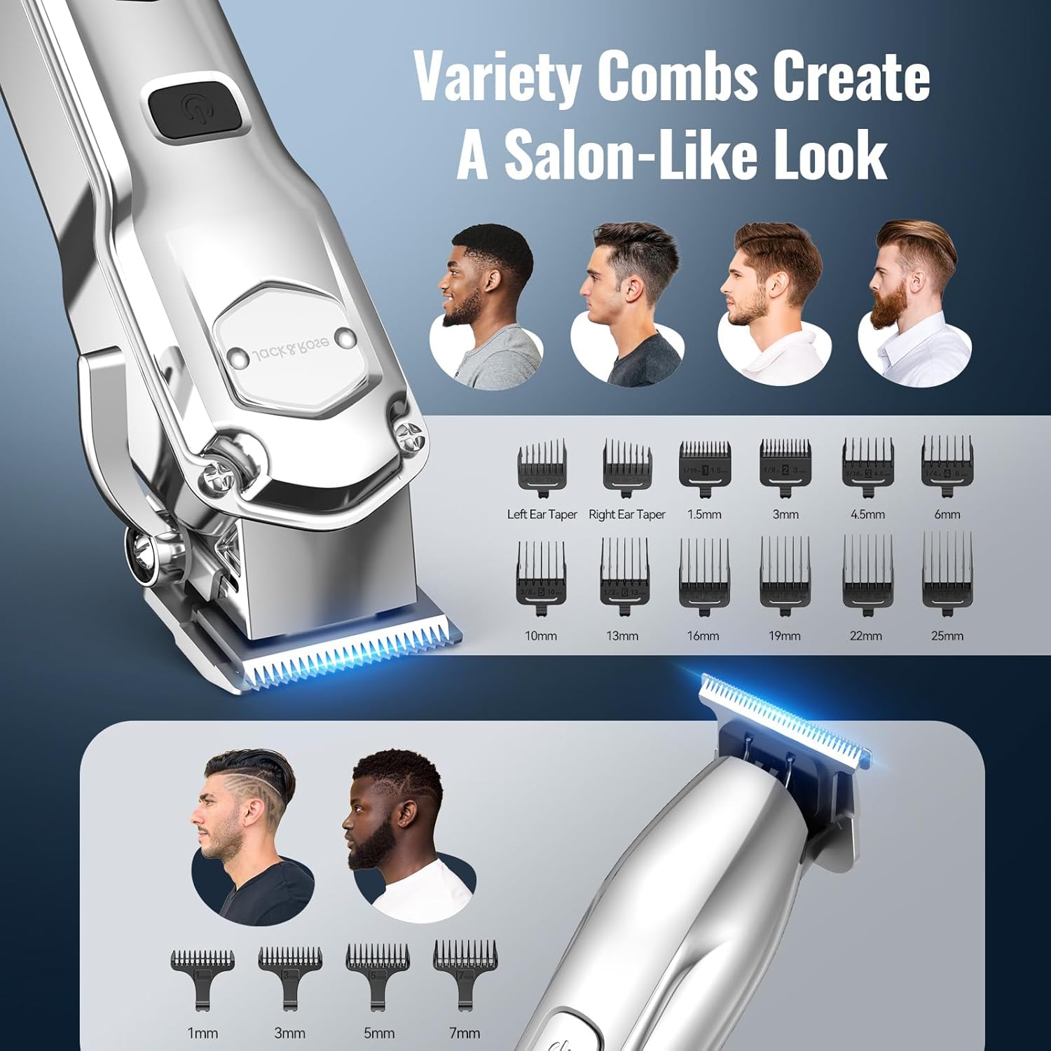 Jack & Rose Hair Clippers for Men Set Professional, Cordless Men Hair Trimmer, Electric Shavers, Barber kit, 4 in 1,LED Display, for Nose, Body, Bald Head