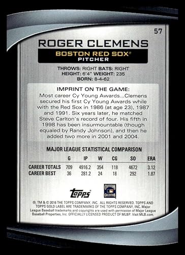 Miniatura 2 de 2016 Topps Gold Label Class 2#57 Roger Clemens NM-MT Boston Red Sox Baseball Trading Card