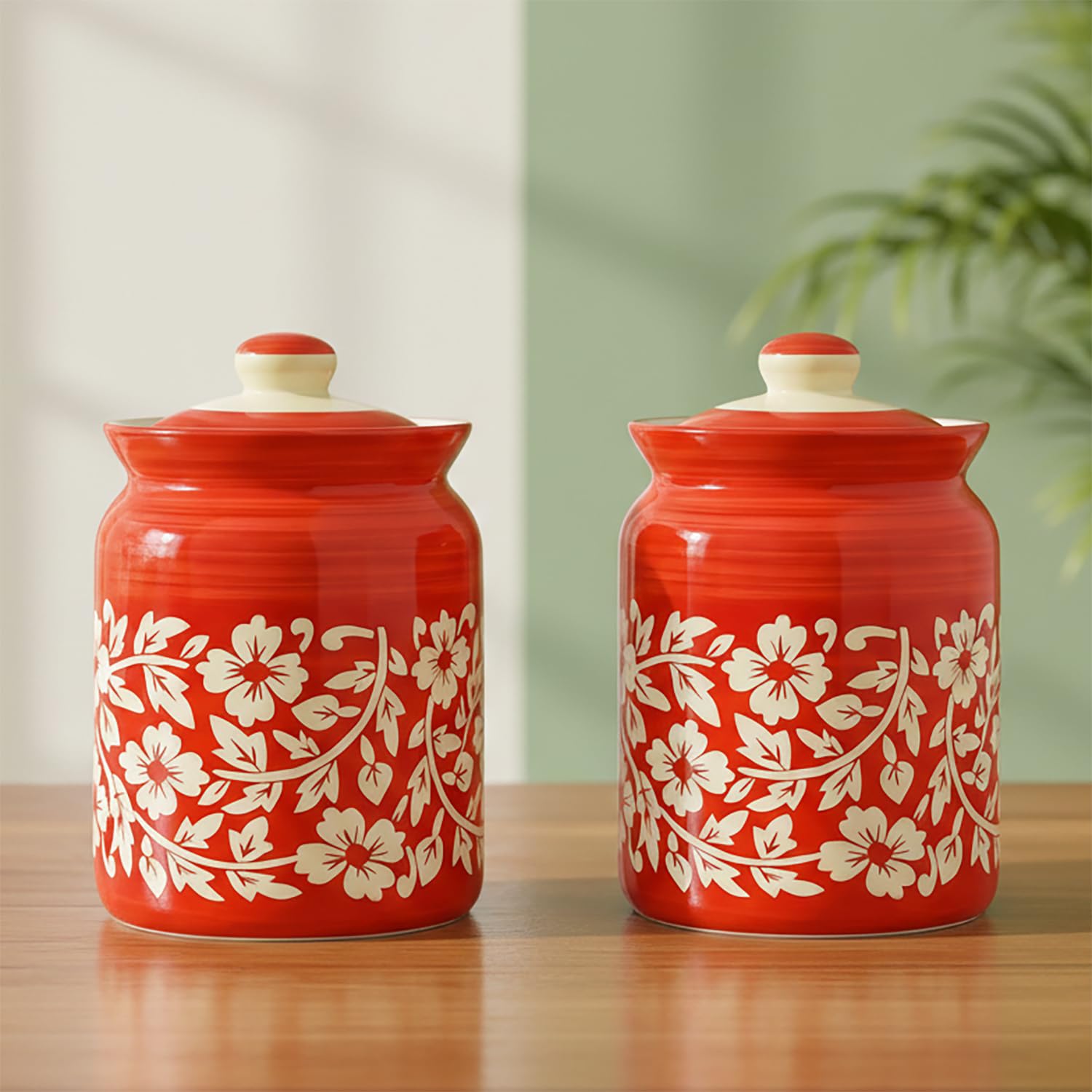 Ceramic Handmade Kitchen Jars in 1000ml (set of 2) | Handpainted Floral Bale 1 kg Achar Martban | Jadi for Kitchen Storage containers (Set of 2) | Jars for Achar, Spices, Salt (Full Red Floral Bale)