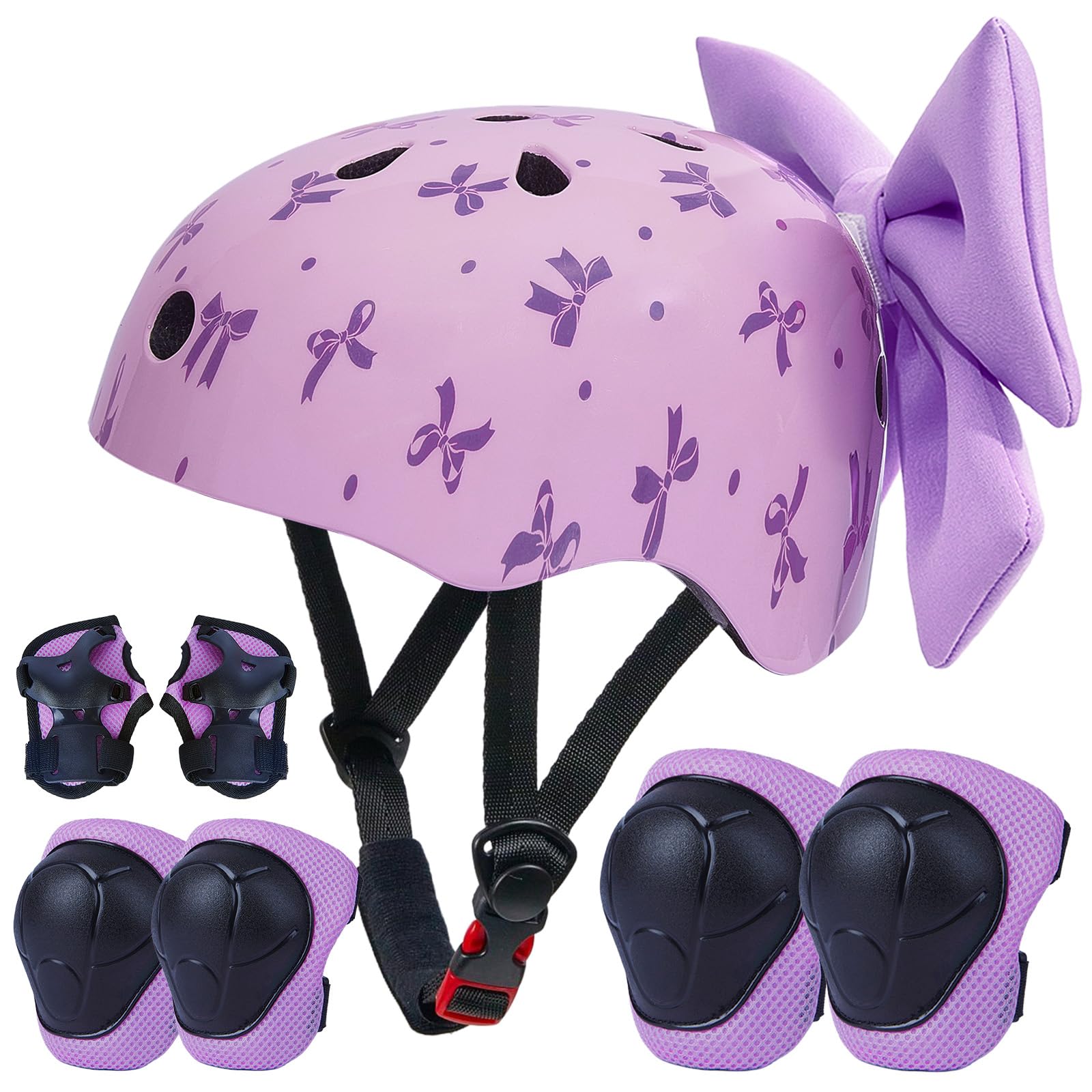Casque de vélo pour enfant avec équipement de protection pour fille de 8 à 14 ans, casque de skateboard réglable, avec genouillères et coudières, résistant aux chocs avec joli nœud DIY pour