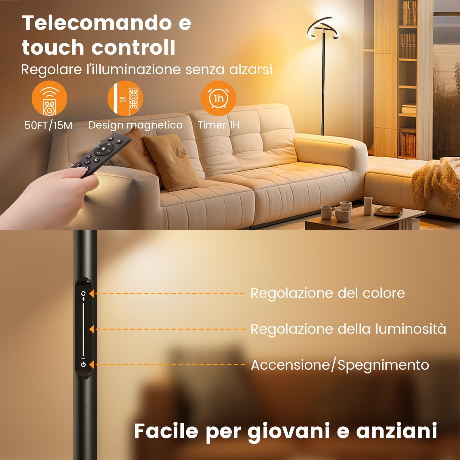 SIBRILLE Lampade da Terra Dimmerabile, Piantana Lampada da Terra 20W 3000K-6000K, Lampada Salotto da Terra 4 Temperature di Colore e Oscuramento Continuo, Piantana con Telecomando e Controllo Tattile